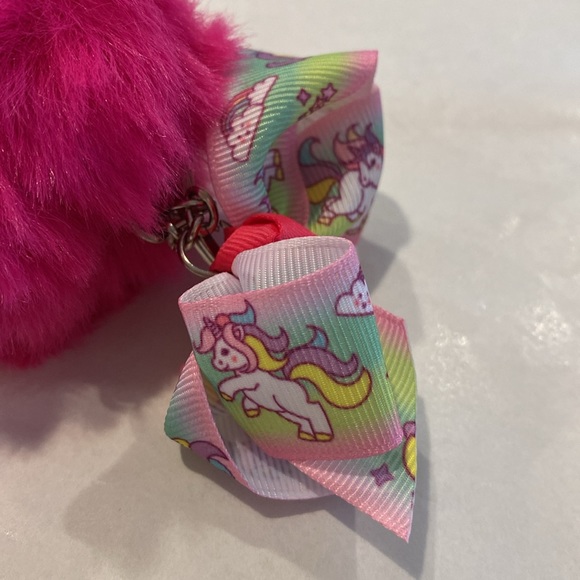 Pink Pom Pom Puff Ball Keychain with Unicorn Printed Bow - Picture 2 of 3